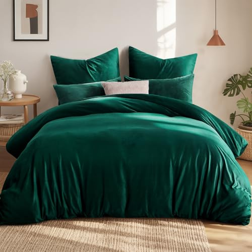 Aisbo Vinterplysch sängkläder 220 x 200 3 delar mörkgrön – fluffigt varmt påslakan och 2 örngott 80 x 80 cm, teddy fleece sammet kashmir touch vintersängkläder med dragkedja