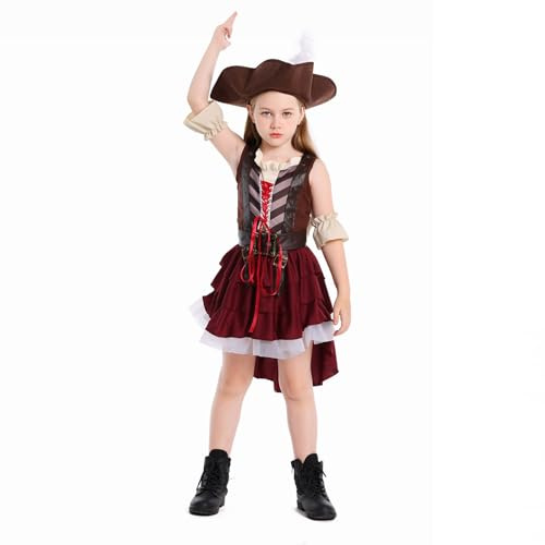 Costume d'Halloween de pirate pour filles – Tenue 4 pièces pour enfants – Costume de capitaine pirate – Déguisement de capitaine de pirate – Veste, chapeau, chemise et jupe (marron, 8 à 10 ans)