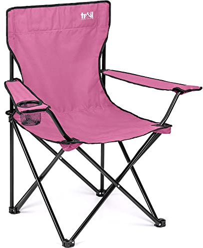 Trail Folding Camping Chair with Cup Holder, Pink | Tubular Steel Frame, Fast-Drying Polyester, Cup Holder Armrest, Carry Bag Included, 100kg Capacity