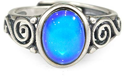 FUN JEWELS 925 Sterling Silver Multi Color Change Oval Stone Mood Ring With Intricate Design Size Adjustable Gift for Women
