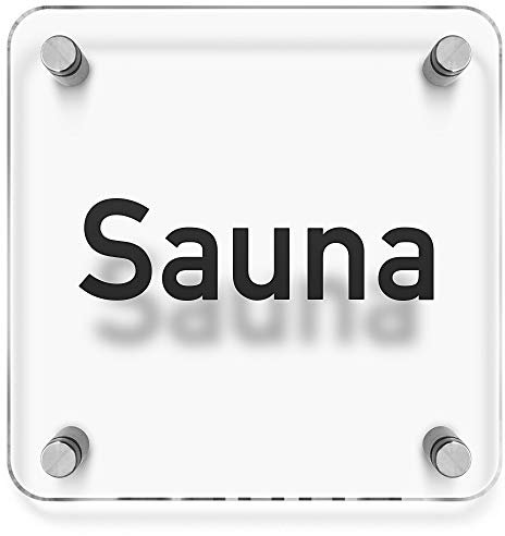 Türschilder24 Wandschild/Türschild • Sauna • 150 x 150mm. Schild besteht aus hochtransparentem 3mm Acrylglas. Inkl. 4 x Abstandshalter aus V2A Edelstahl
