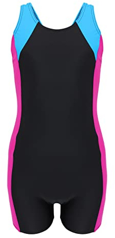 Aquarti Girls' One Piece Shorty Swimsuit Child, Black/Amaranth/Turquois, 140