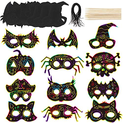 LOKIPA 24PCS Halloween Scratch Paper Art Masks - Halloween Skeleton Cat Pumpkin Bat Spider Decorations Craft for Kids and Adults