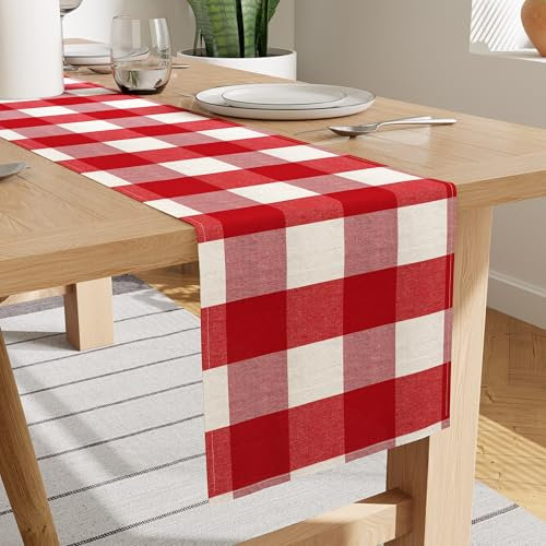 Encasa XO Baumwoll-Tischläufer 4 Seater | Größe 32x150 cm | Buffalo Red Checks - Maschinenwaschbar & Langlebig