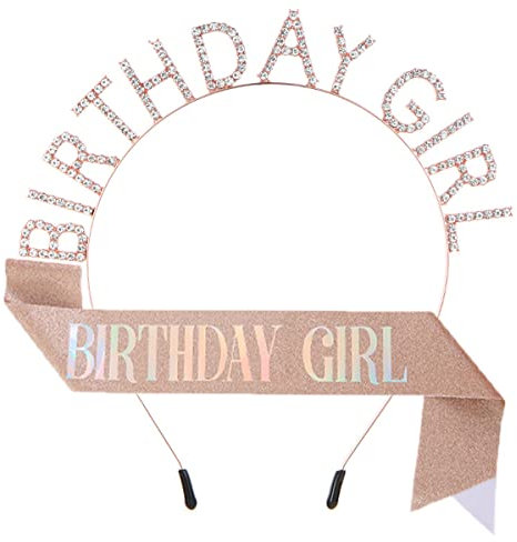 ZHOUHON Geburtstag Kopfschmuck, Geburtstag Schärpe, Mädchen Kristall Tiara, Girls Birthday Party Decorations Set (RosaGold)