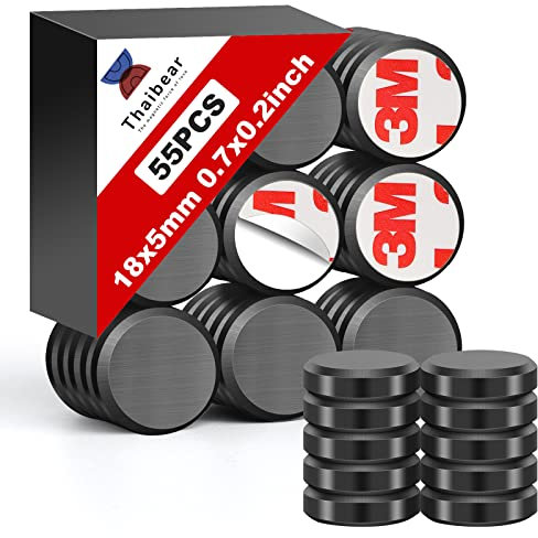 Thaibear 55 Pack Ceramic Craft Magnets - 18 mm x 5 mm - Round Disc with 3M Adhesive Backing, Strong, Black