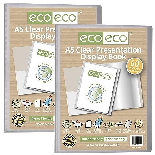 eco-eco eco131x2 - Carpeta de presentación transparente con 60 bolsillos, tamaño A5, 50% reciclado, con fundas de plástico, paquete de 2