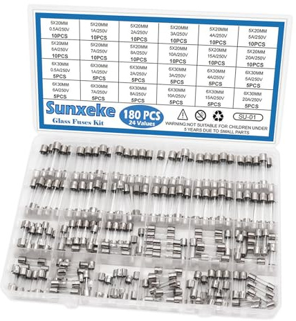 Sunxeke 24 Values 180pcs Fast Blow Glass Fuses Assortment Kit 250V 0.5A 1A 2A 3A 4A 5A 6A 7A 8A 10A 15A 20A 5X20MM 0.5A 1A 2A 3A 4A 5A 6A 7A 8A 10A 15A 20A 6X30MM 250V Fast-Blow Glass Fuses Set