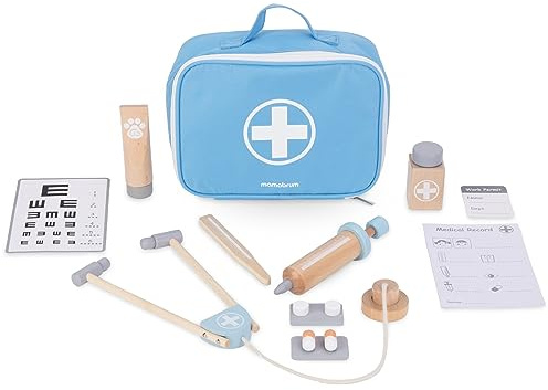 Mamabrum Maletín Médico Juguete de Madera - Kit Médico Infantil con Estetoscopio, TermóMetro, Recetas y Placa - Set Doctor para Niños con Tarjeta de Examen Visual y 4 Medicamentos