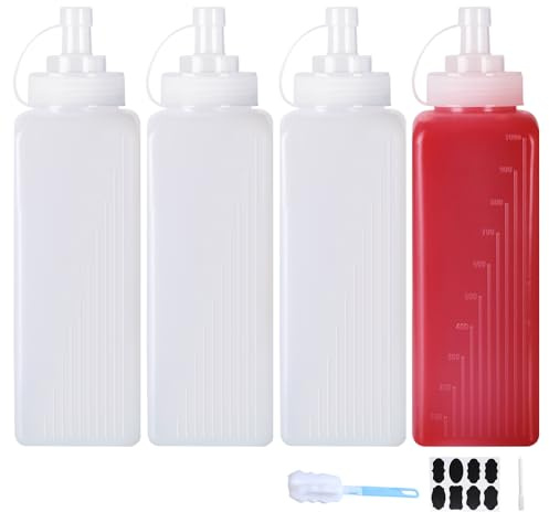 YBCPACK Confezione da 4 bottiglie di plastica grandi da spremere con ugelli, bottiglie quadrate da 1000 ml, per condimenti per salse, ketchup e insalata