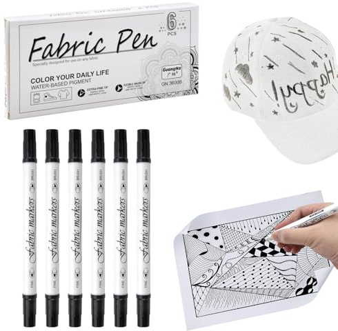 HENGBIRD 6 stycken textilpennor maskintvättbara, textilmålningspennor dubbla spetsar tygmärkpenna permanenta tygpennor. Tvättsäkra textilmärkpennor textilmärkpenna svart för t-shirt tygpåse hantverk