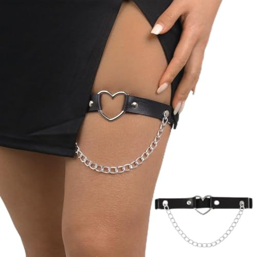 NJCXOLA 2 st läderben strumpband svart, goth accessoarer justerbar strumphållare med kedja, hjärta strumphållare för ben och lår för kvinnor halloween rave karneval cosplay fest
