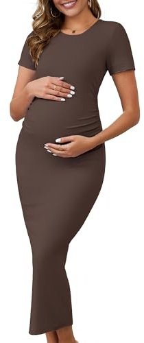 MARI GABRIEL Maternity Dress Photoshoot Wedding Guest | Bodycon Ribbed Ruched Midi Round Neck Short Sleeve Pregnancy Dresses for Baby Shower Cocktail Photoshoot