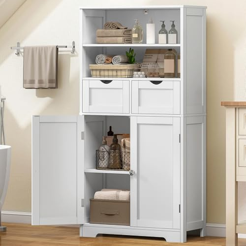 TEENFON Badezimmerschrank, Badschrank Hochschrank mit 2 Türen & 2 Schubladen - Aufbewahrungsschrank mit Höhenverstellbaren Regale - Weiß - 60 x 30 x 125 cm - für Bad, Küche, Flur & Wohnzimmer
