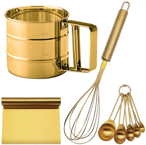 Gold Flour Sifter Baking Tool Set, findTop Stainless Steel 4-Piece Kit with 10 Whisk, Dough Scraper & 5 Measuring Spoons, Mirror Polished, Easy to Clean, for Cake Bread Cookie Prep