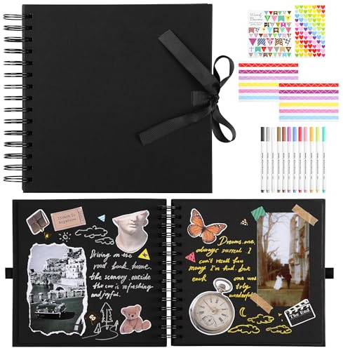 80 Pages Scrapbook Photo Album 20.5×20.5cm Square DIY Memory Book | Uncle Paul 250GSM Black Paper Scrapbooking Kit 15 Rings for Wedding Birthday Christmas DS01SBK40
