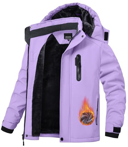 QMP Boys Winter Coat Jackets Snow Suit for Kids Rain Fleece Warm Waterproof Insulated Softshell Ski Snowboard Jackets for Girls Windproof with Zip Pockets Hoode Purple 14-16