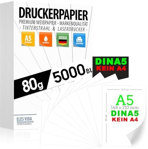 Skrivarpapper 80 g vitt – DIN A5-5000 ark – 14,8 x 21 cm premiumpapper rent vitt – kopieringspapper, laserskrivare och bläckstråle för universitet, fotografi, presentationer, perfekt för kontor