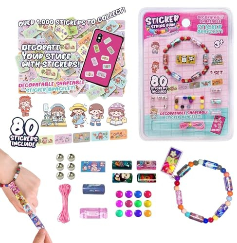 RNFKSU 80 Pieces Of Children'S Sticker Bracelet Set, Diy Mini Cartoon Beaded Toys, Reusable Sticker Bracelets, Girl Dress-Up Toys, School Party Gifts.