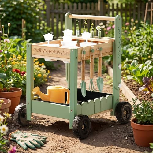 ROBOTIME Wooden Garden Trolley with Height Adjustable Green for Kid Age 3+ | Outdoor Gardening Cart with 4 Planting Cups & Hydroponic Tubes, 3 Tools, Watering Can, Plant Labels & Record Cards