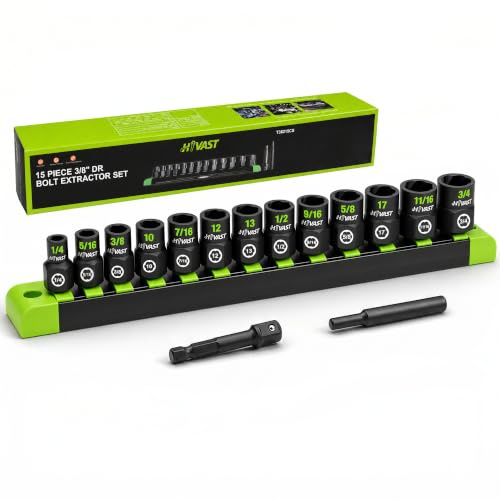 HYVAST 15PCS Bolt Extractor Socket Set, 3/8 Drive Lug Nut Remover | Lug nut extractor set made from CR-Mo steel, removes damaged, rounded, frozen, rusted and stripped bolts, nuts and screws.