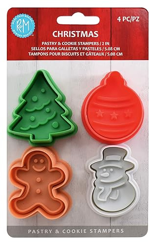 R&M Christmas Pastry & Cookie Cutter set of 4. Assorted Designs and Colors, Christmas Tree, Ornament, Gingerbread Man, Snowman. 2 Inches, Assorted Color Plastic Cookie Cutters