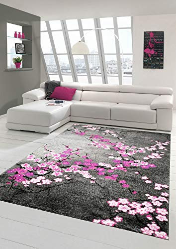 Designer Teppich Moderner Teppich Wohnzimmer Teppich Blumenmuster Grau Lila Pink Weiss Rosa Größe 80 x 300 cm