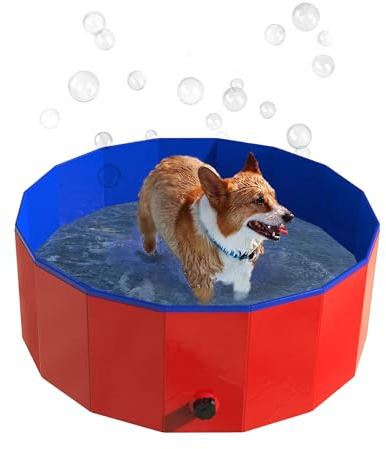 Foldable Dog Pool - 30.5x12in Pet Pool - Durable PVC Outdoor Pool with Drain for Grooming, Bathing, or Play - Kiddie Pool for Dogs by PETMAKER (Red)