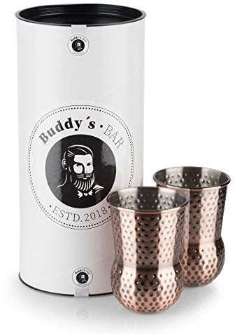 Buddy´s Bar - 2 Julep Mug Becher, 2 x 400 ml Cocktail-Becher mit Hammerschlag-Effekt, hochwertige Edelstahl-Becher, lebensmittelecht, gehämmert, inkl. Geschenkbox, 2er Set, Kupfer antik