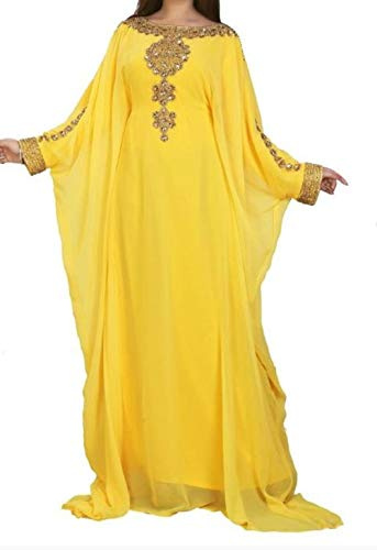 WUBU Women’s Kaftan Long Maxi Dress Ethnic Bridal Evening Wear Party Long Sleeve Elegant Bohemian Style Fashionable Formal Yellow