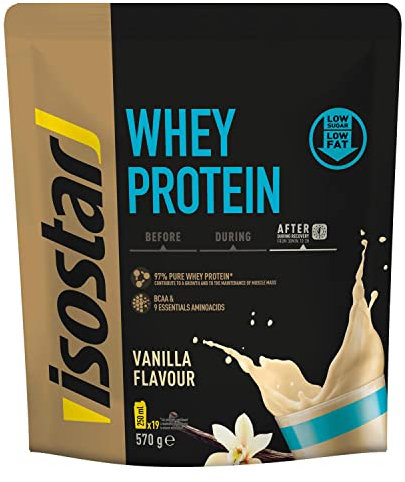 Isostar Whey Protein con BCAA y 9 Aminoácidos Esenciales – Proteína de Suero en Polvo, Bajo en Azúcares y Grasas, 22 g de Proteína por Batido – Sabor Vainilla, 570 g