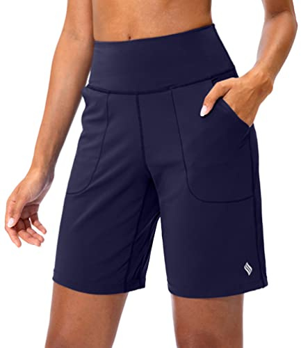 SANTINY Bermuda Shorts for Women with Zipper Pocket Womens High Waisted Long Shorts for Running Workout Athletic(Navy_XXL)