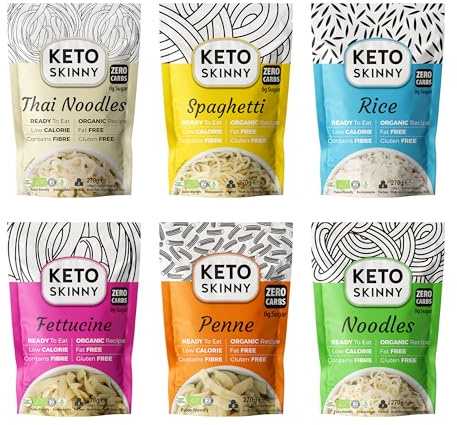 Keto Skinny Organic Konjac Noodles, Pasta & Rice (Mix Pack of 6 x 270g) Fettucine, Spaghetti, Penne, Thai Style, Zero Carb, Low Calorie, High Fibre, Gluten, Fat & Sugar Free, Ready to Eat Keto Food