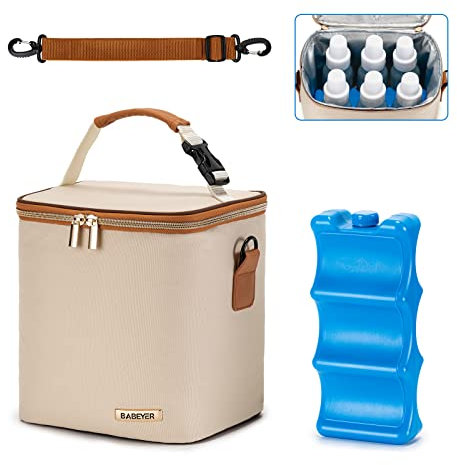 BABEYER Breastmilk Cooler Bag with Ice Pack Fits 6 Baby Bottles Up to 9 Ounce, Baby Bottle Bag with Shoulder Strap for Nursing Mom Daycare, Cream