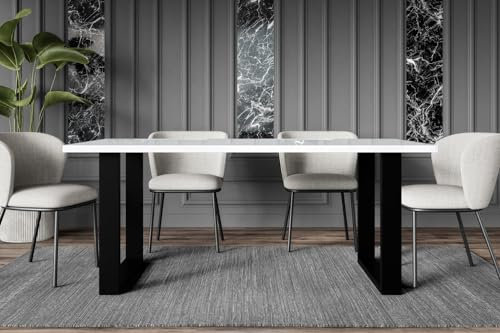 ALTDECOR Esstisch, ideal als Küchentisch oder Wohnzimmertisch, solide Konstruktion aus Möbelplatte,160x90x75 cm - Weiß Hochglanz/Schwarz - KLYN U