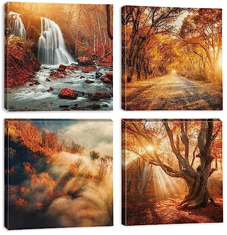Ohok Premium Leinwandbilder Kunstdruck Bilder 30x30cm, Leinwanddruck Bilder 4er-Set Wandkunst Dekor Bild mit Holzrahmen Wandbilder für Schlafzimmer Büro Home Dekorationen (Herbst-Wasserfall)
