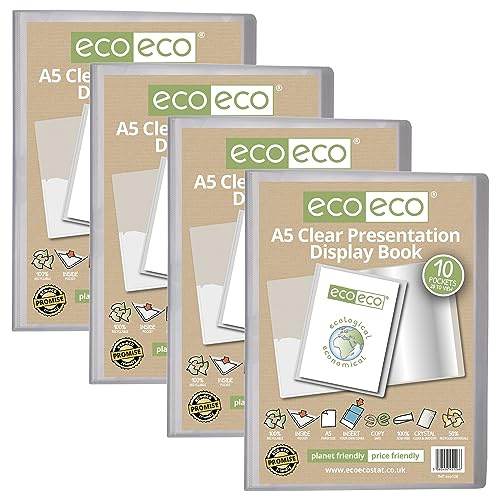 eco-eco A5 storlek 50 procent återvunnen 10 fickor klar presentationsbok, förvaringsfodral, portfölj, konstmapp med plastärmar, 4-pack, eco126 x 4