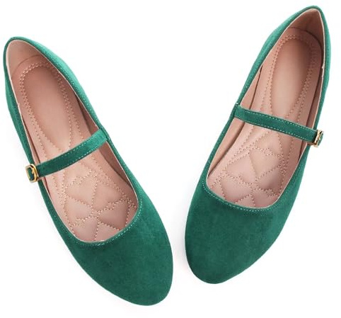 LUXINYU Women's Slip on Flats,Classy Round Toe Solid Classic Mary Jane Ballet Dance Shoes Soft Comfortable PU Flat Shoes, 2477-green-suede, 6.5 UK