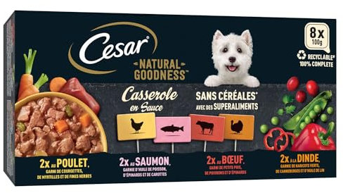 Cesar Barquettes Natural Goodness Casserole en Sauce – Nourriture Humide pour Chien – 4 variétés – Lot de 24 barquettes x 100 g