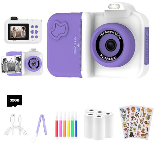 Macchina fotografica bambini istantanea,Regalo di Natale e Compleanno per giochi Bambina 4 5 6 7 8 9 10 11 12 Anni, Fotocamera Digitale Selfie 1080P con 5 Rotoli di Carta Termica e Scheda da 32GB