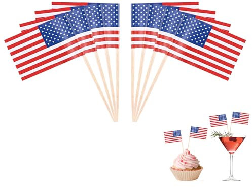 100 palillos de dientes con bandera de Estados Unidos, decoración de países de noche, palillos de cóctel de Estados Unidos, decoración para cupcakes, pinchos de cóctel, brochetas de frutas, papel de