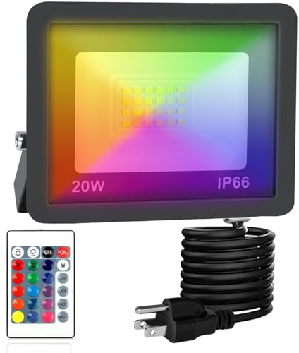 BaRiFanNova 20W RGB LED Landscape Spot-Light,16 Color Changing&4 Mode Flash,Dimmable,5 Ft Cable Plug in,IP66 Waterproof Outdoor Wall Washer Security Flood Light,Garden,Halloween Decor