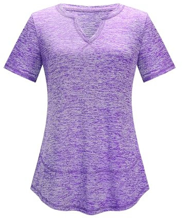 Kistore Women's Sports T-Shirt Short-Sleeved Workout Gym Top Breathable V Neck Activewear Quick Dry Loose Fit Wear Purple L
