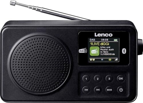 Lenco PDR-033BK DAB+ Radio portatile - Bluetooth 5.3, FM, batteria, display a colori, sveglia, timer di addormentamento, 3 pulsanti preferiti, connettore AUX e cuffie, USB C, fino a 10 ore, colore