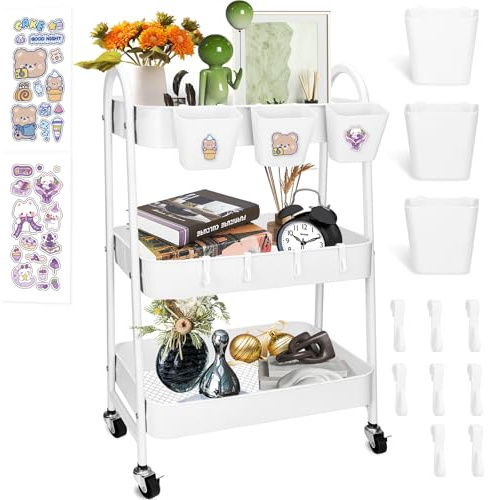 KIMIGO Rollwagen mit 3,Ebenen,Servierwagen,KüChenwagen,Rollwagen Metall mit Feststellbaren RäDern & HäNgenden Bechern & Haken,Aufbewahrung,Kunstwagen,Trolley,mit SüßE Aufkleber,Weiß