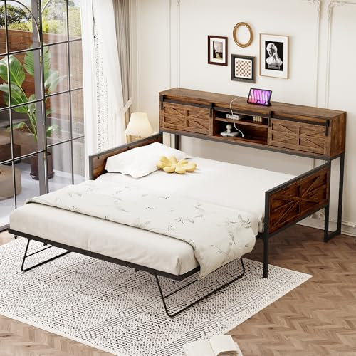 Dolamaní Cama de día extensible de 90 x 200 cm, cama doble con estantes y enchufes multifuncionales, cama nido de la misma altura, estructura de metal con somier (negro + marrón)