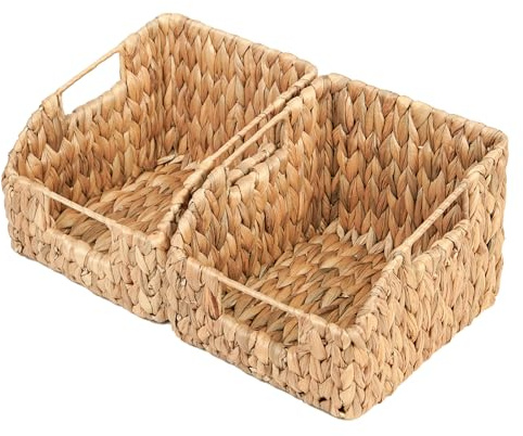 Water Hyacinth Pantry Baskets with Built-in Handles - Natural, Handwoven Wicker Storage Baskets for Storage Shelves Organizing(2 Pack)