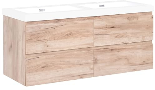 Beliani Mobile da bagno a parete doppio lavabo in MDF effetto legno 4 cassetti 120 x 46 cm Marrone chiaro