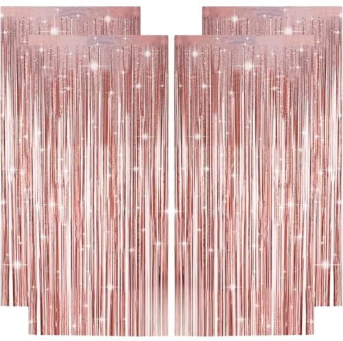 Rusudiy 4 Pezzi Tenda Lametta Rosa Gold 1m x 2,5m, Fondale a Frange Metallizzate, Tenda Shimmer per Compleanno Bambina, Baby Shower, Festa Principessa, Photobooth, Decorazioni Party