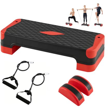 COSTWAY Aerobic Stepper 4-vägs höjdjusterbar, 300 kg lastkapacitet | Quiltad bräda med motståndsband, balanstränare och stödblock, fitness stepper halkfri, stegben för hemmet